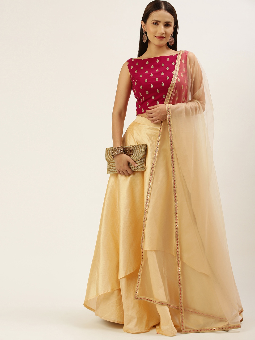 

Ethnovog Magenta Beige Made to Measure Lehenga Blouse With Dupatta