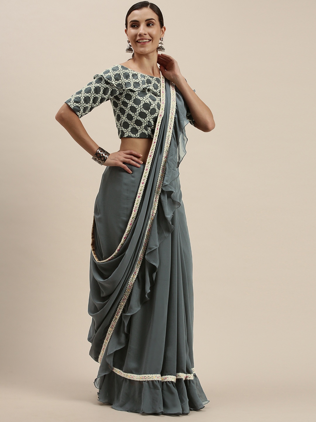 

Ethnovog Grey Black Ruffle Saree