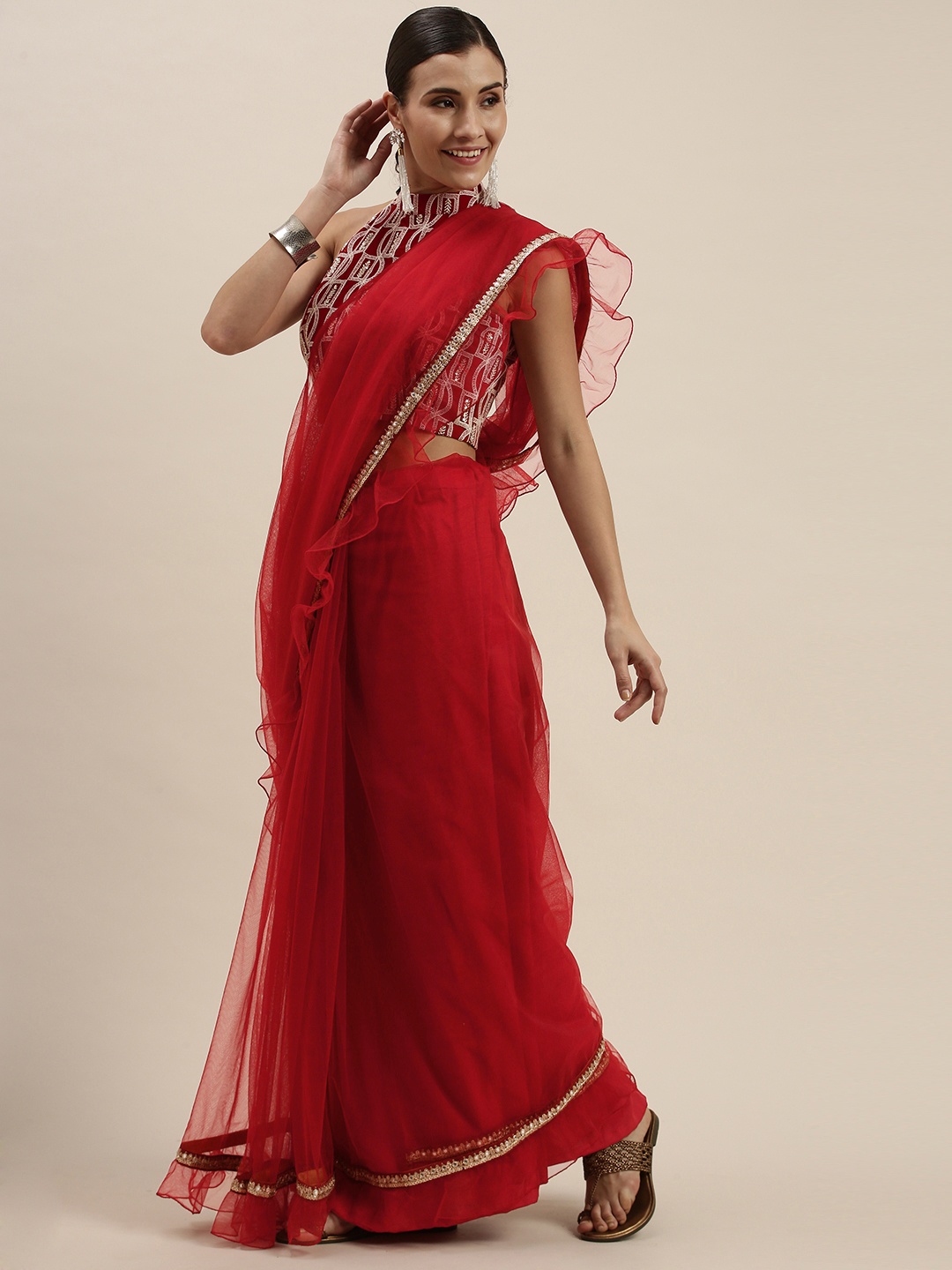 

Ethnovog Maroon Sequinned Net Ruffle Saree With Stitched Blouse