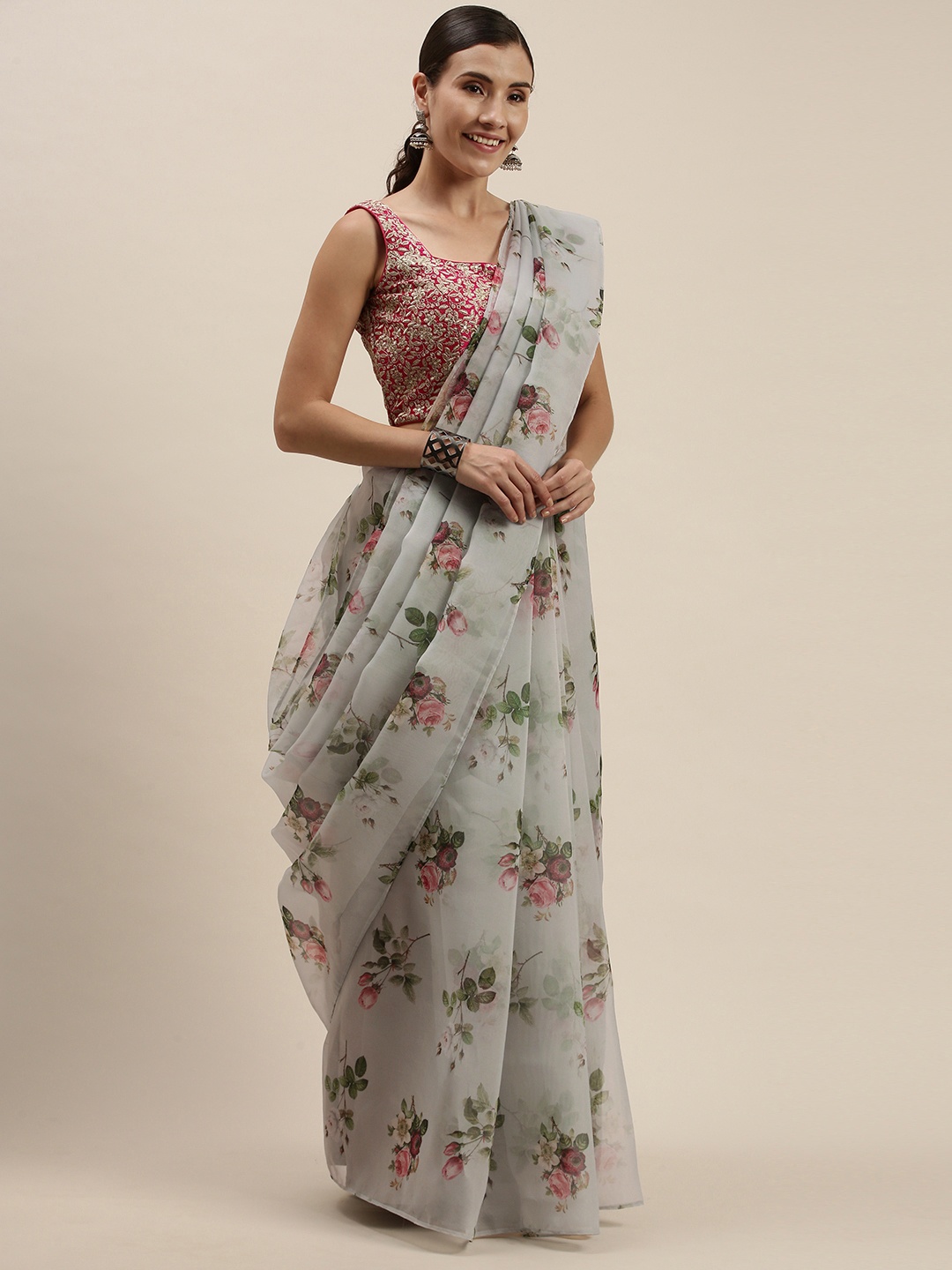 

Ethnovog Grey Pink Floral Zardozi Organza Saree