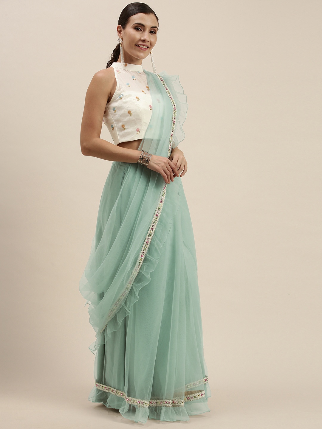 

Ethnovog Saree With Stitched Blouse, Green