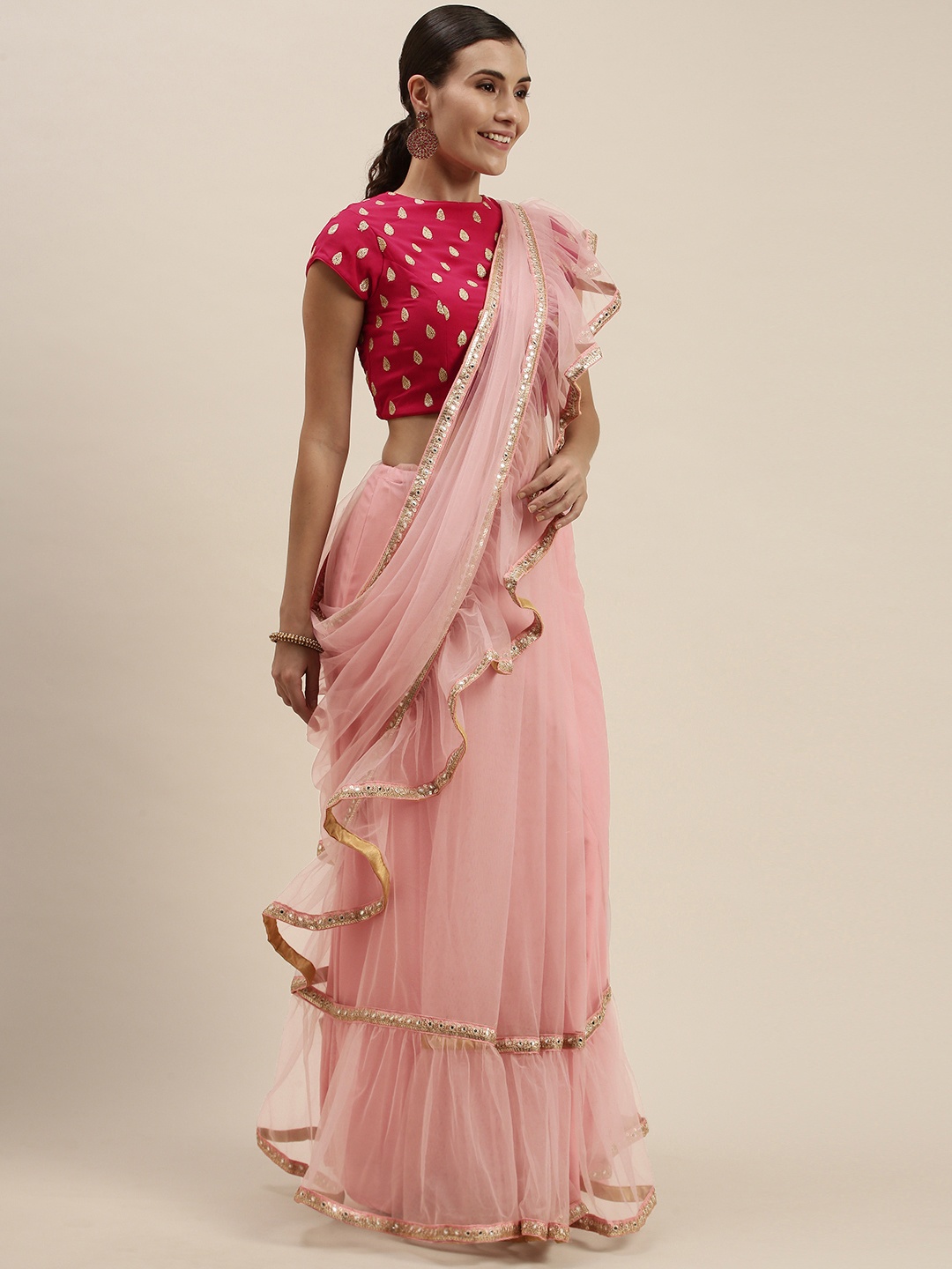 

Ethnovog Sequinned Embellished Net Ruffled Detail Saree With Stitched Blouse, Pink