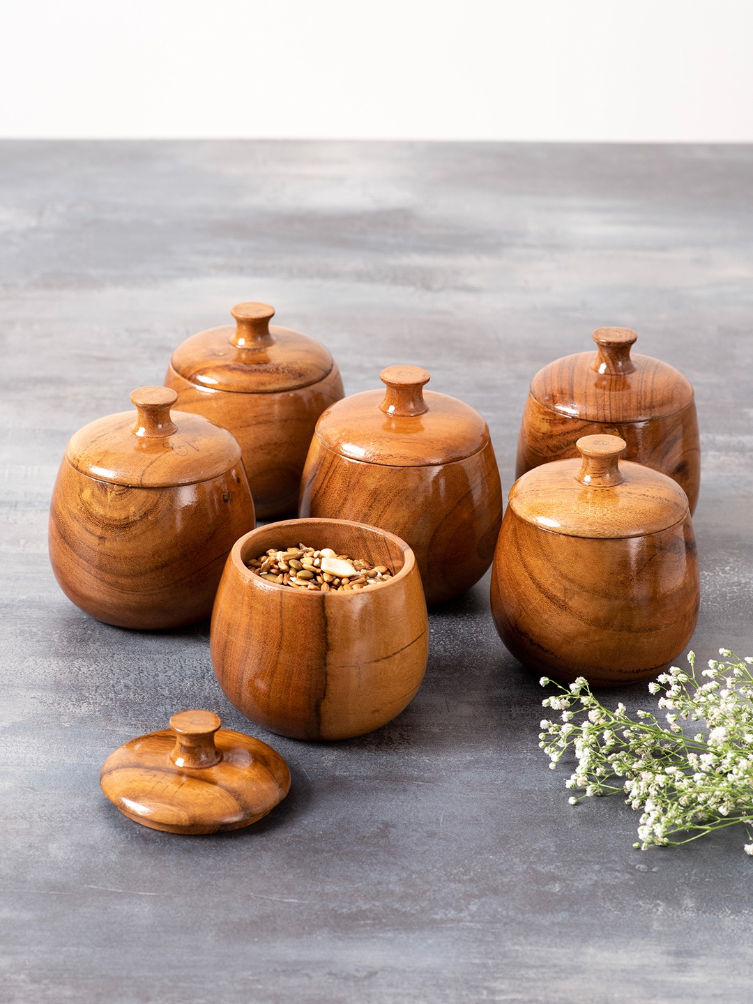 

nestroots Set Of 6 Brown Wooden Storage Jars With Lid