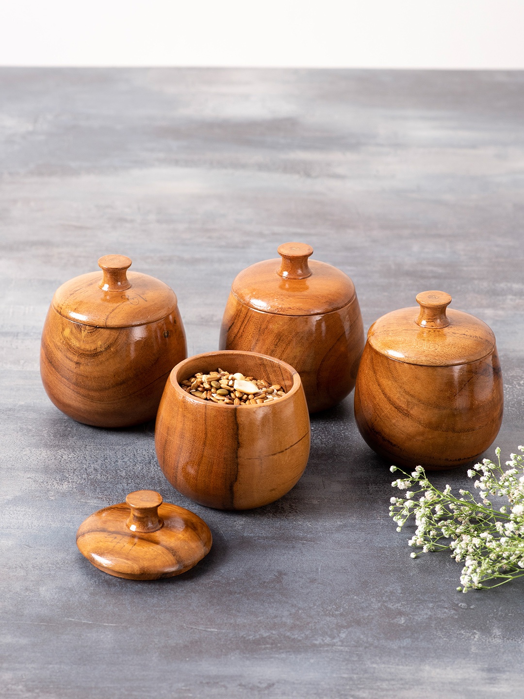 

nestroots Set Of 4 Brown Solid Wooden Storage Jars