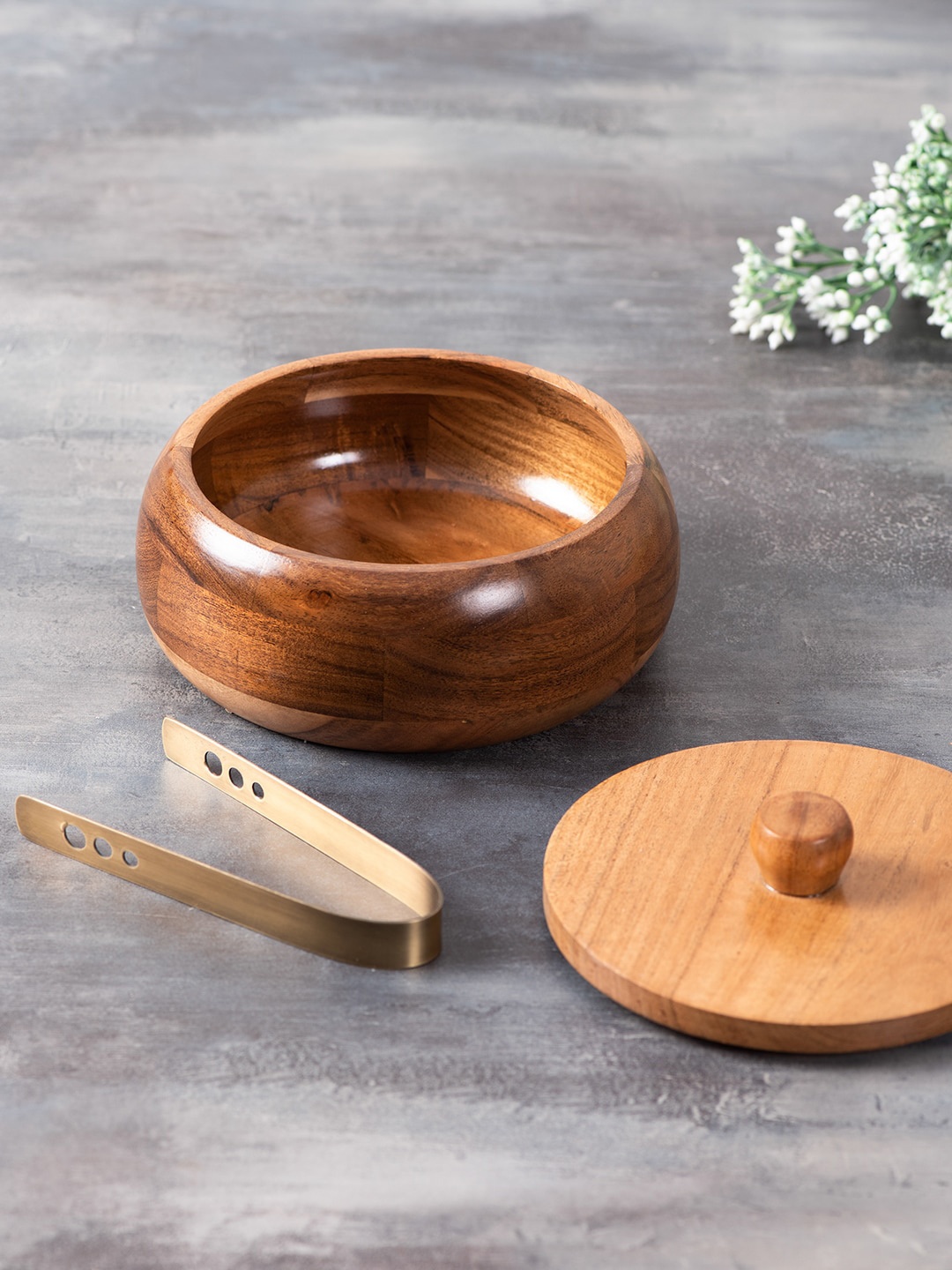 

nestroots Brown & Gold-Toned Wooden Chapati Box With Stainless Steel Tongs