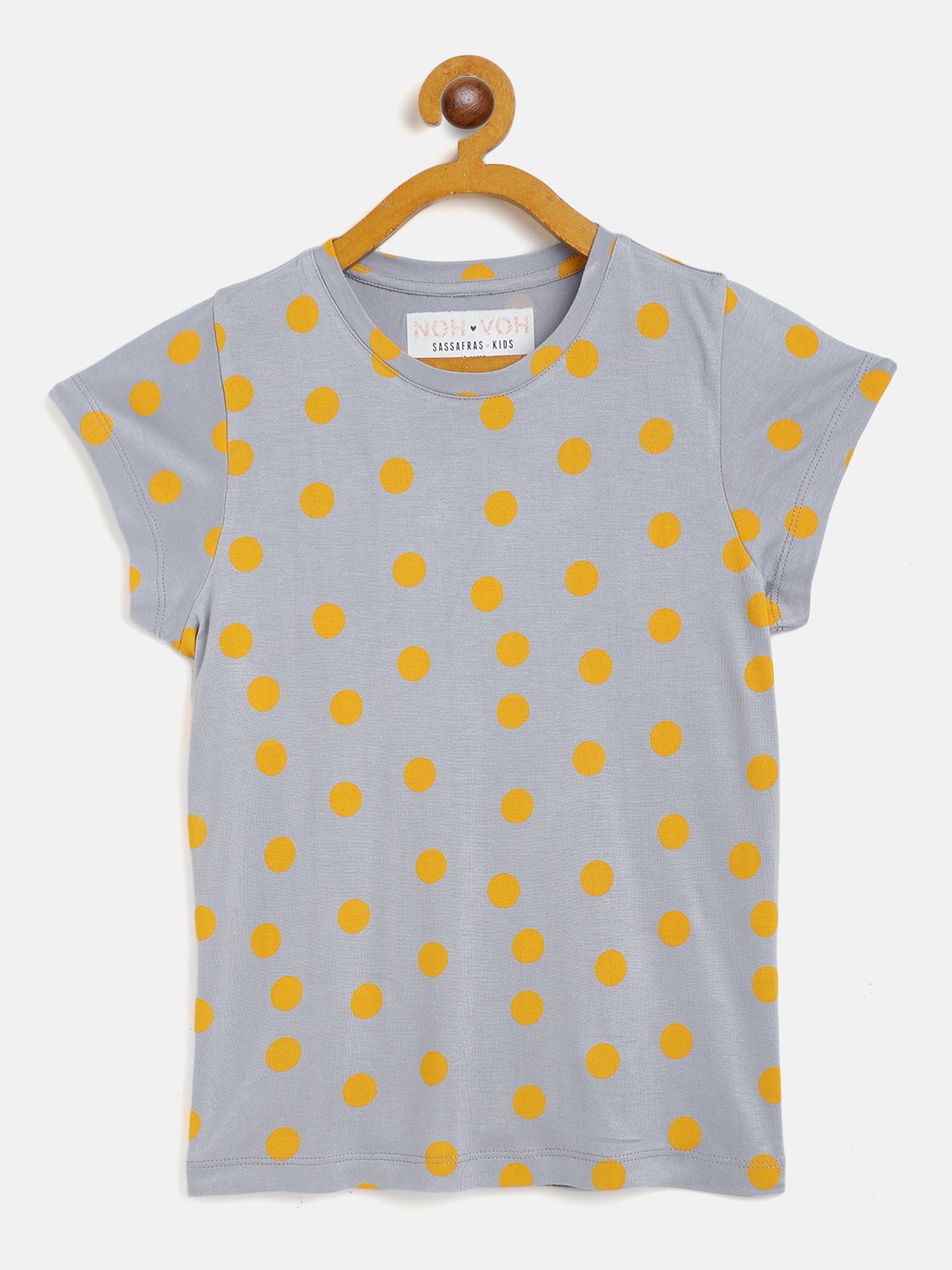 

Noh Voh - SASSAFRAS Kids Girls Grey & Mustard Yellow Polka Dot Printed T-shirt