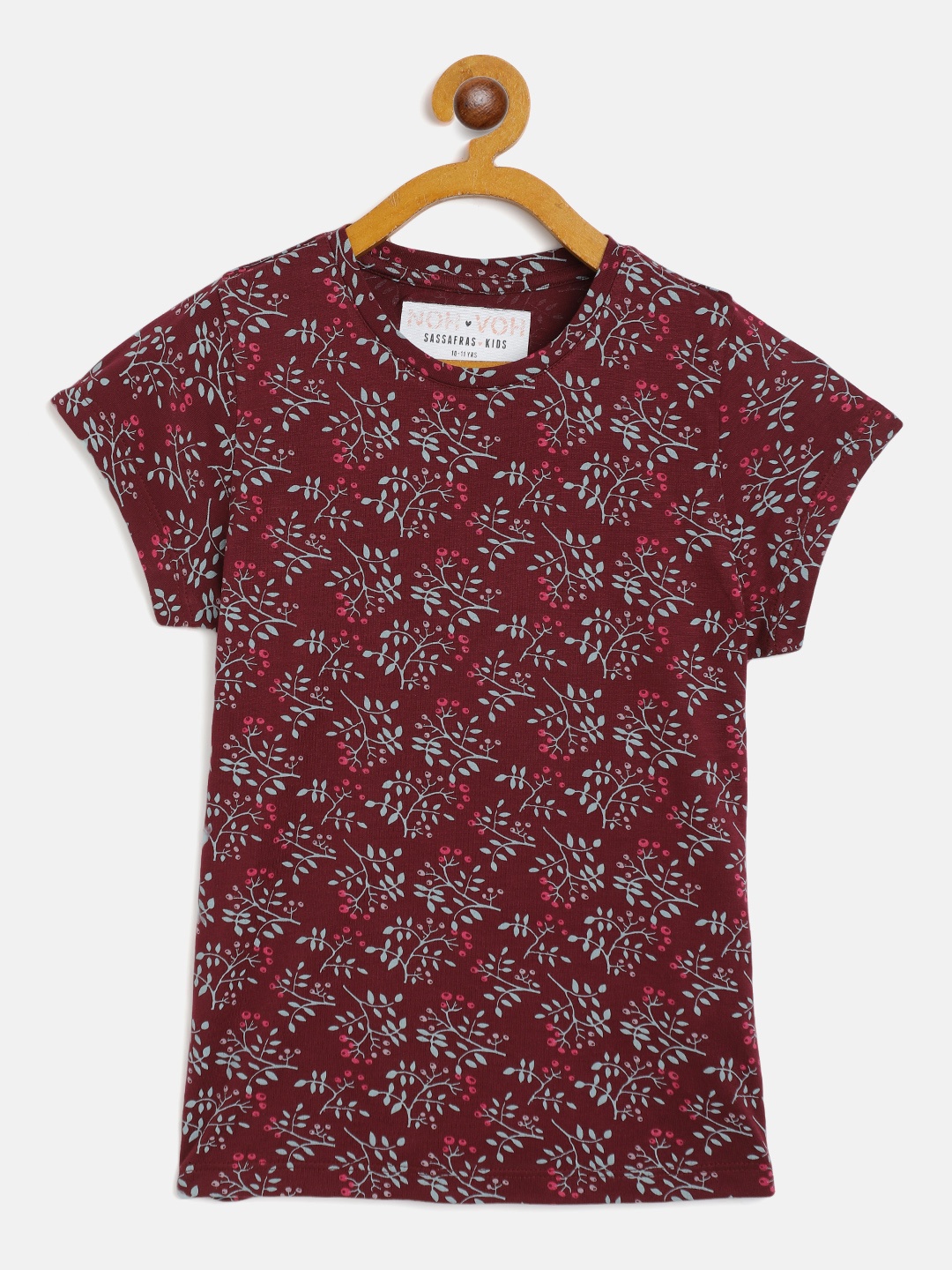 

Noh Voh - SASSAFRAS Kids Girls Burgundy & Grey Floral Print Round Neck T-shirt