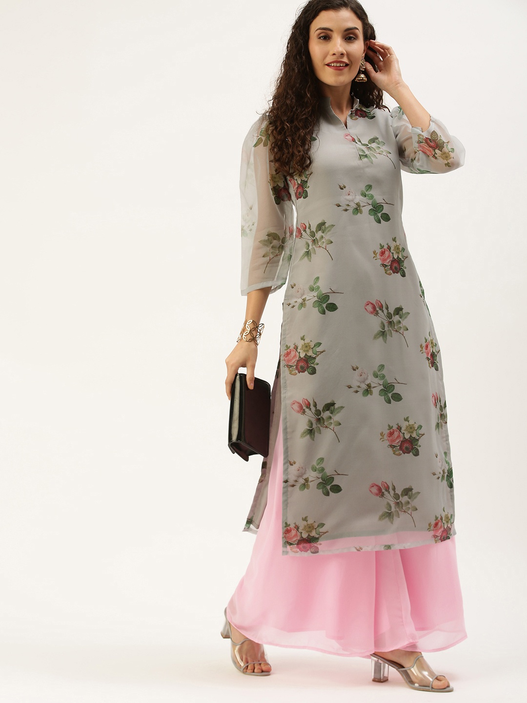 

Ethnovog Women Grey Floral Printed Regular Kurta with Palazzos