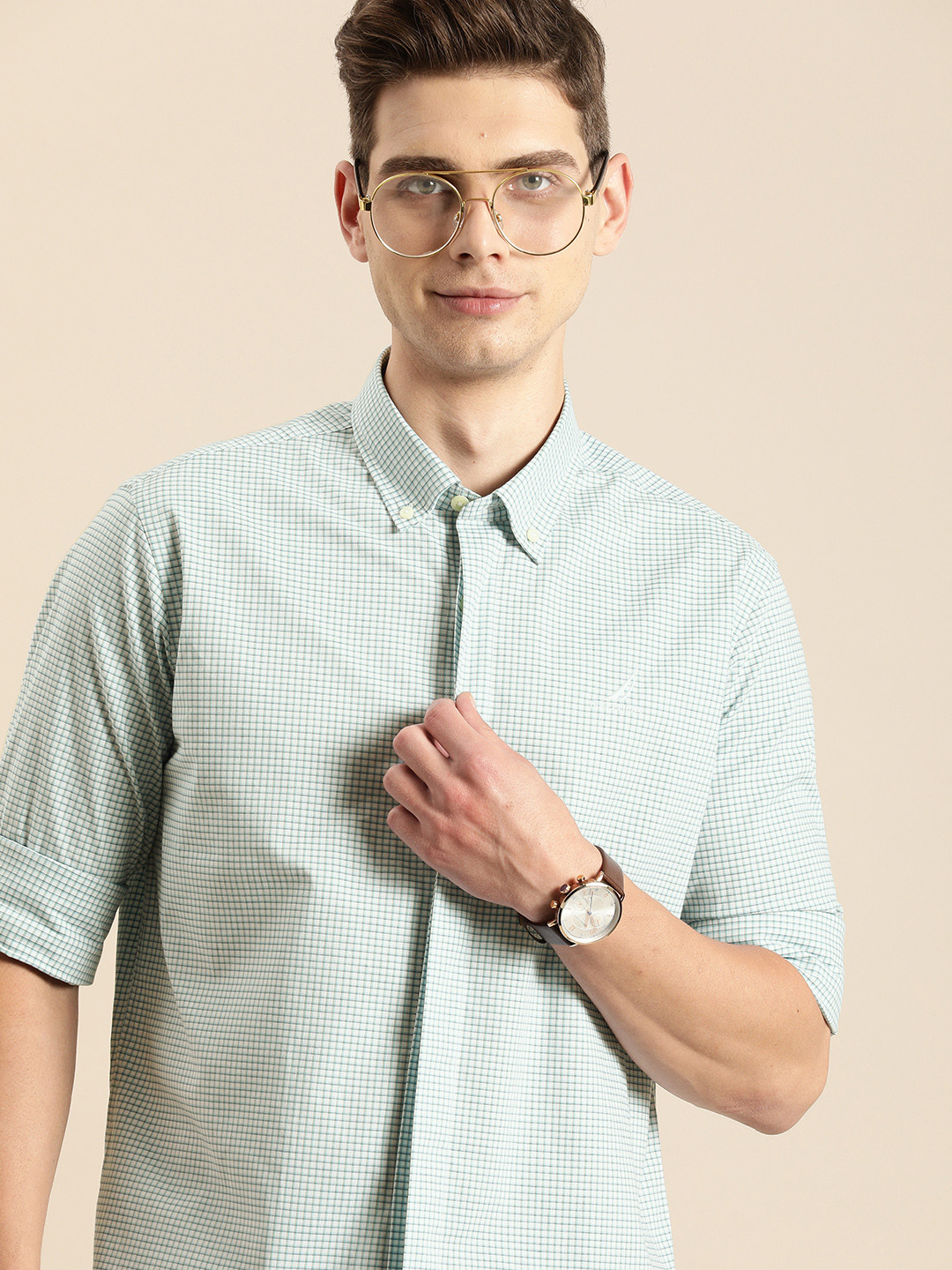 

Nautica Men White & Blue Classic Fit Grid Tattersall Checked Casual Shirt