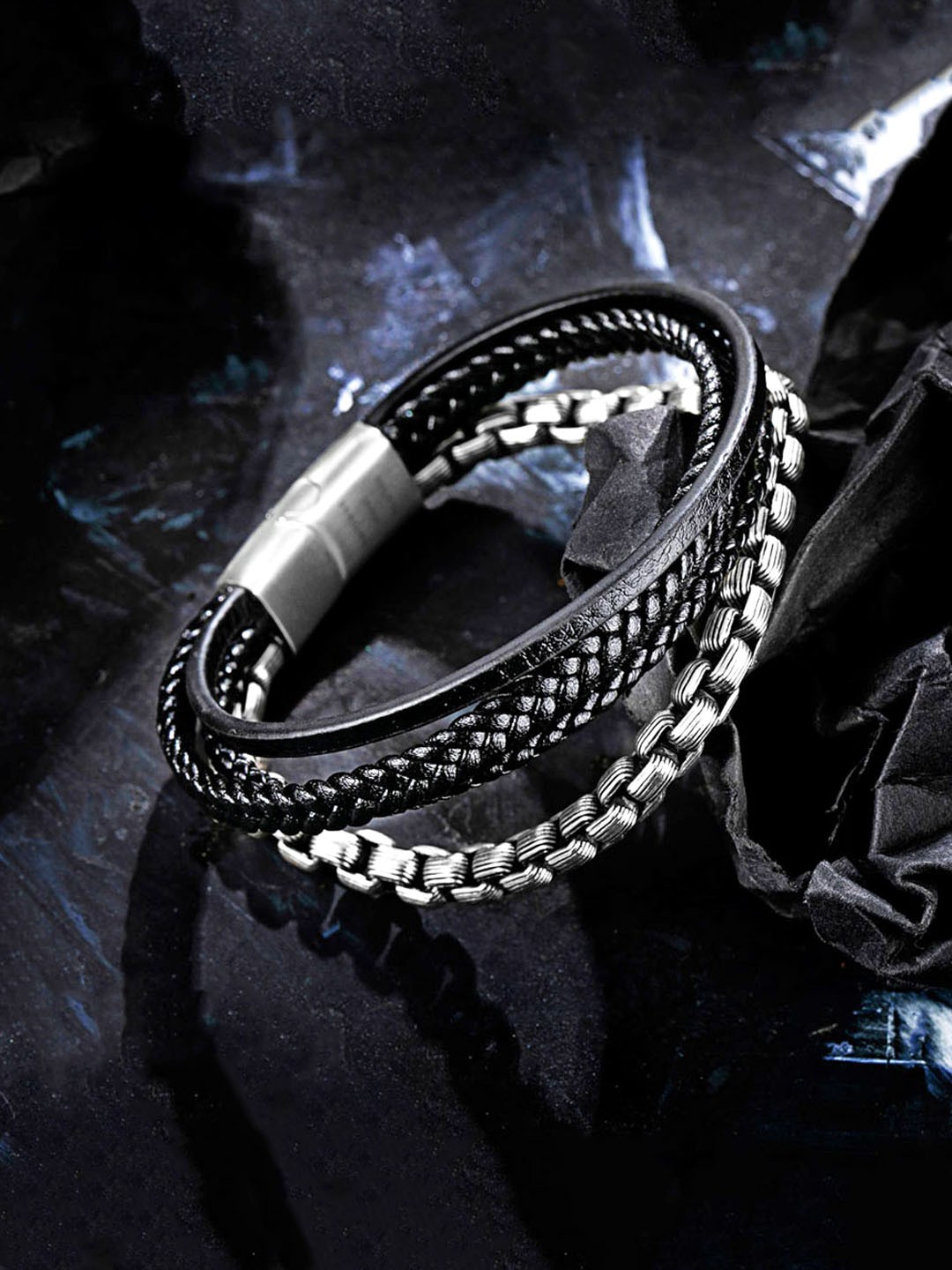 

Yellow Chimes Men Black & Silver-Toned Stainless Braided Wraparound Bracelet