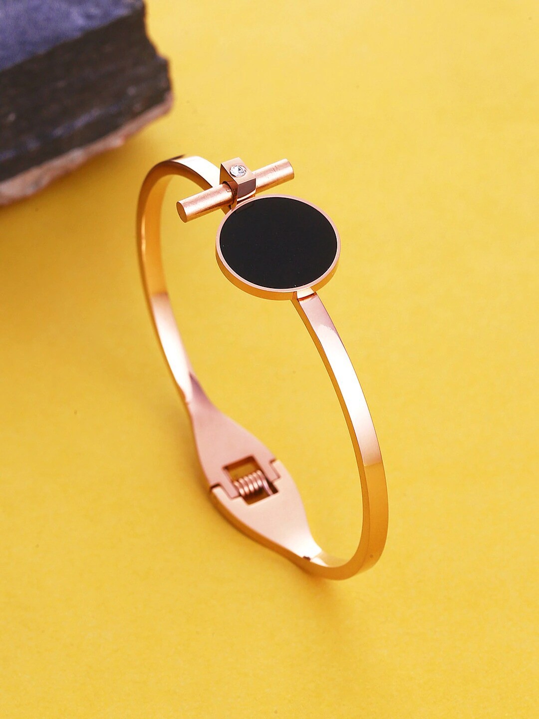 

Yellow Chimes Women Rose Gold & Black Rose Gold-Plated Enamelled Cuff Bracelet