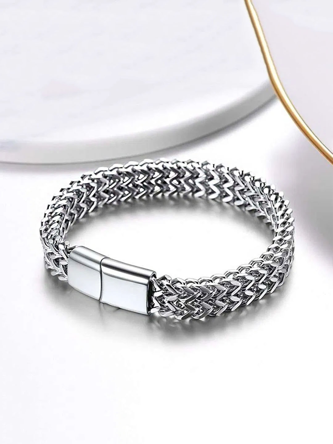 

Yellow Chimes Men Silver Tone Stainless Steel Double Layered Chain Bracelet