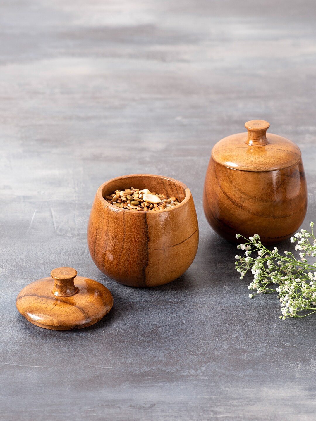 

nestroots Set Of 2 Brown Wooden Storage Jars With Lid
