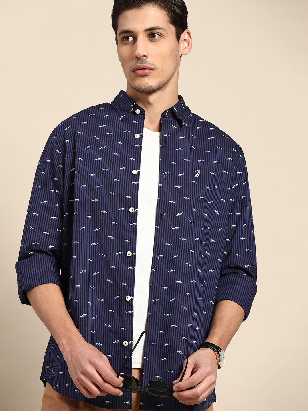 

Nautica Men Navy Blue Classic Fit Printed Casual Shirt