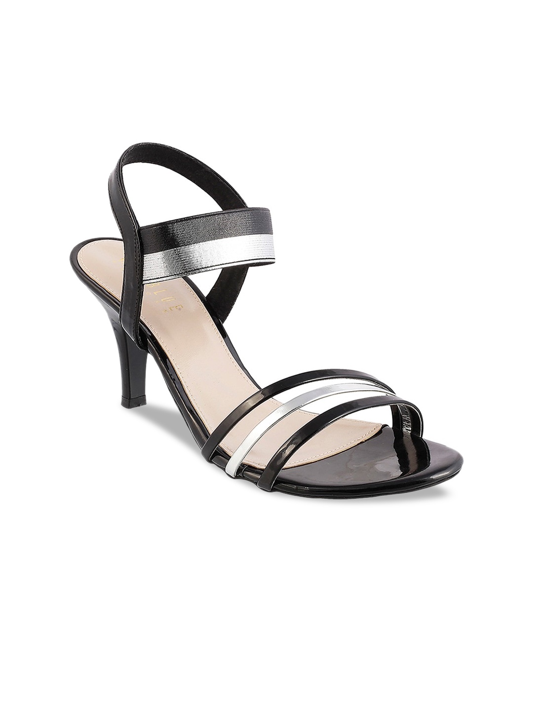 

Wet Blue Black & Silver-Toned Striped Sandals