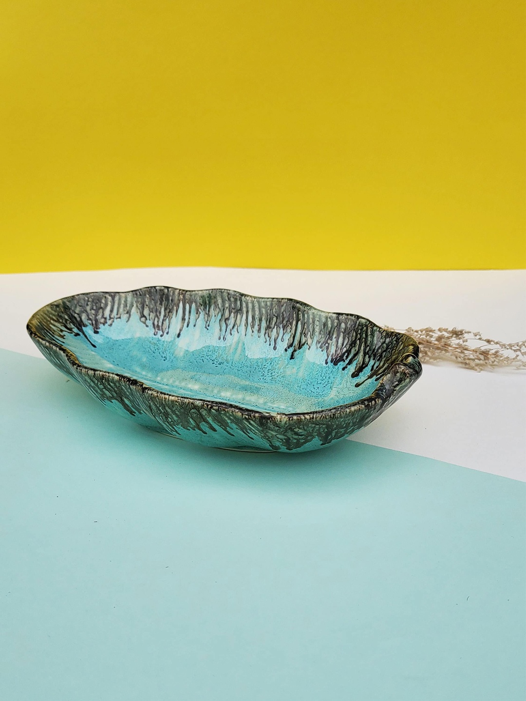 

Folkstorys Turquoise Blue & Black Ceramic Leaf Tray