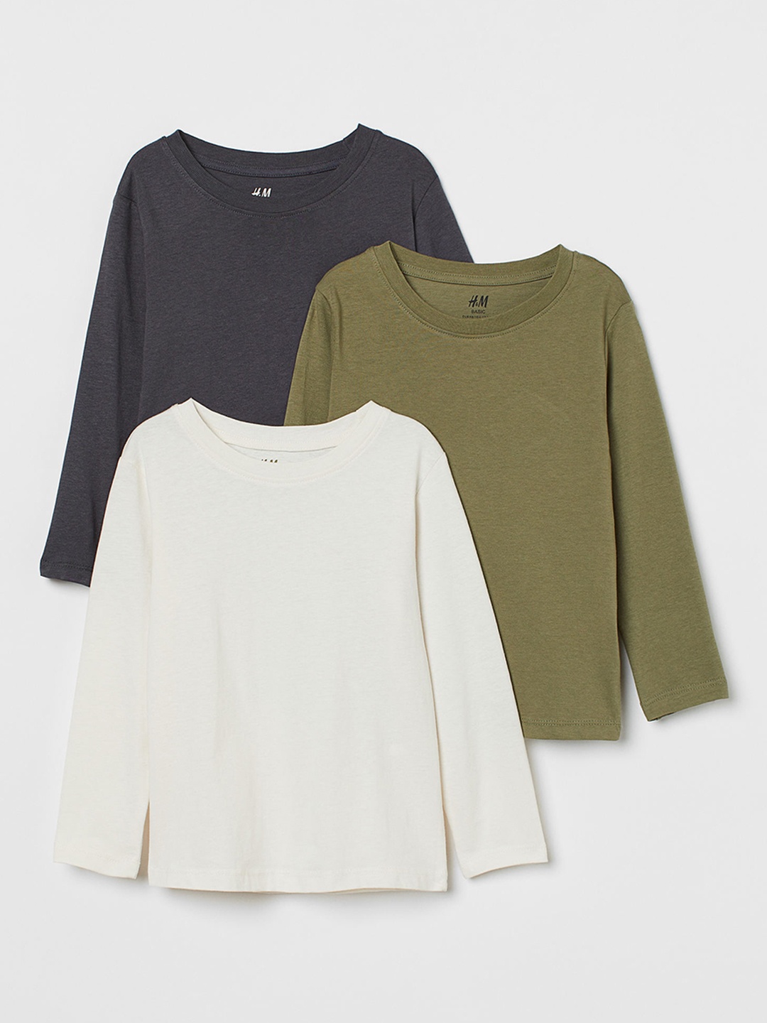 

H&M Women Pack Of 3 White & Green Solid Pure Cotton Jersey Tops