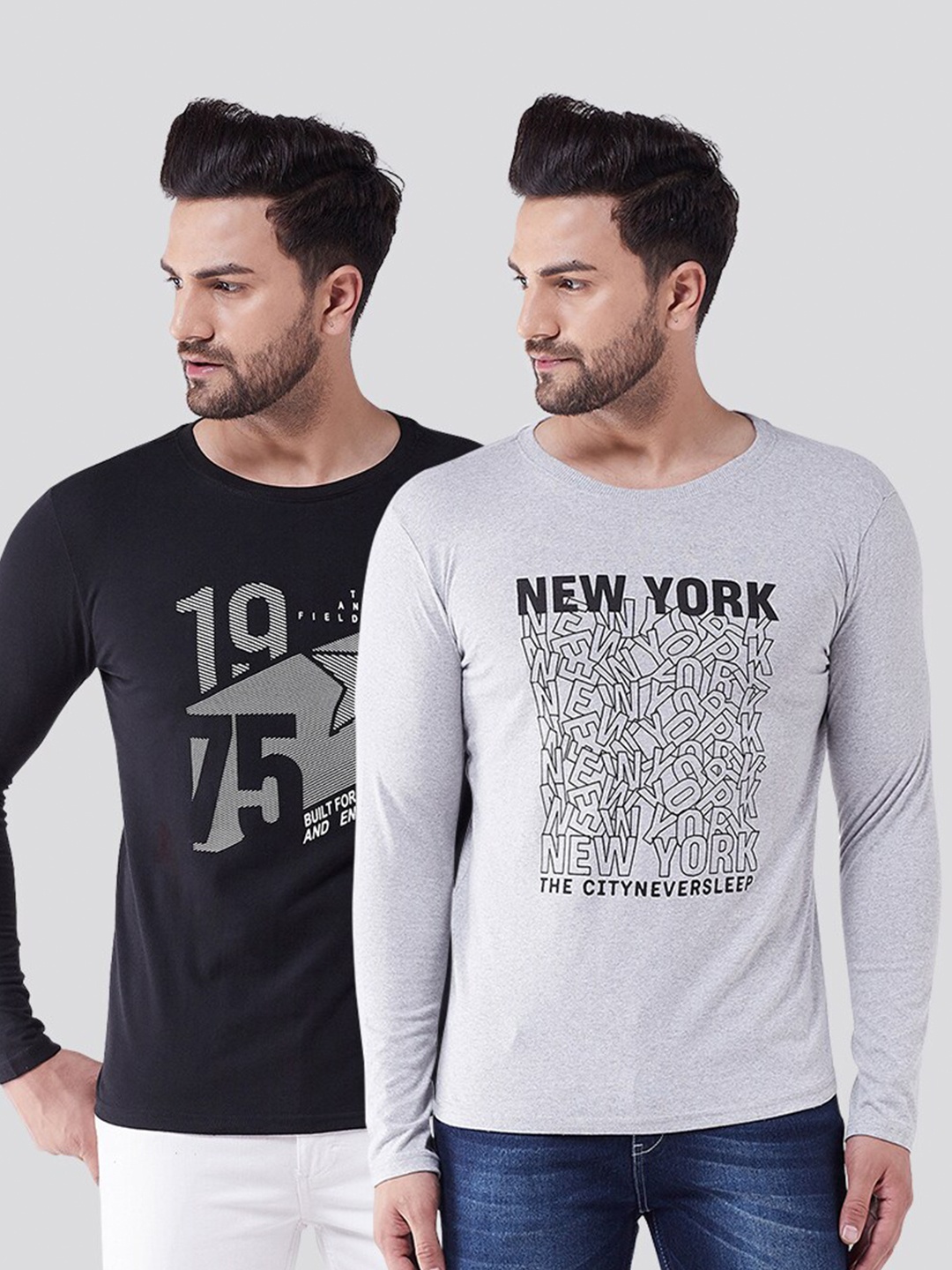 

GRITSTONES Men Pack Of 2 Grey & Black Printed T-shirt