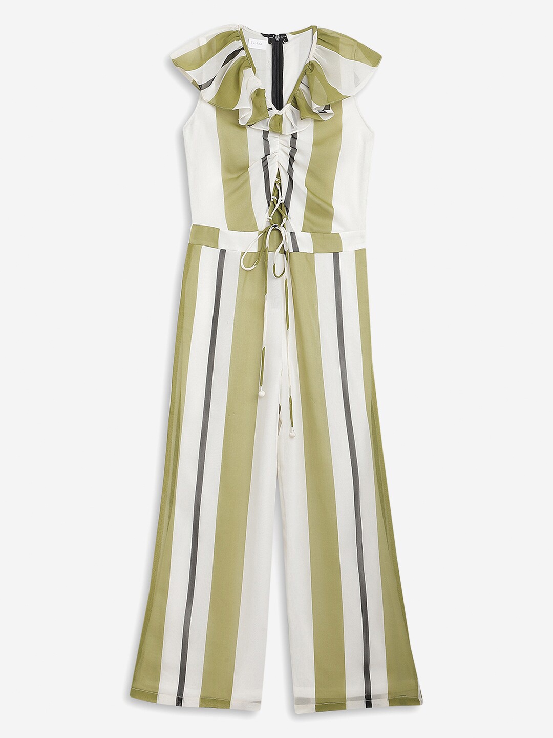 

Stuffie Land Girls Green & White Colourblocked Basic Jumpsuit with Lace Inserts