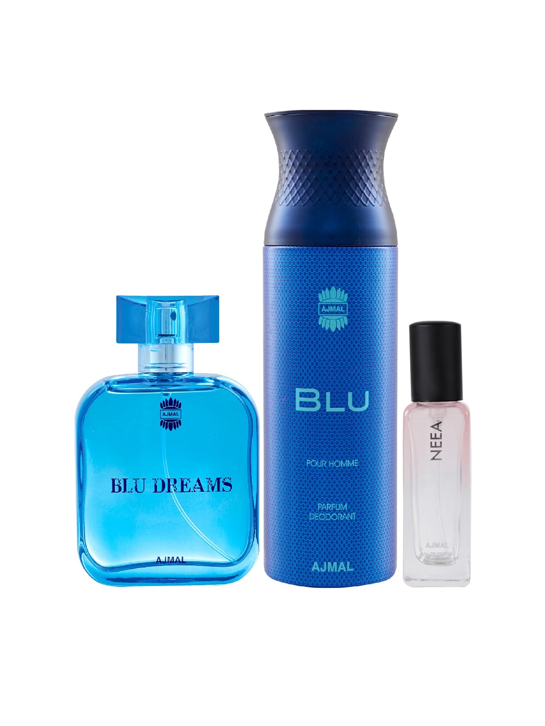 

Ajmal Set of Blu Dreams EDP - 100ml, Blu Pour Homme Deo - 200ml & Neea EDP - 20ml, Blue