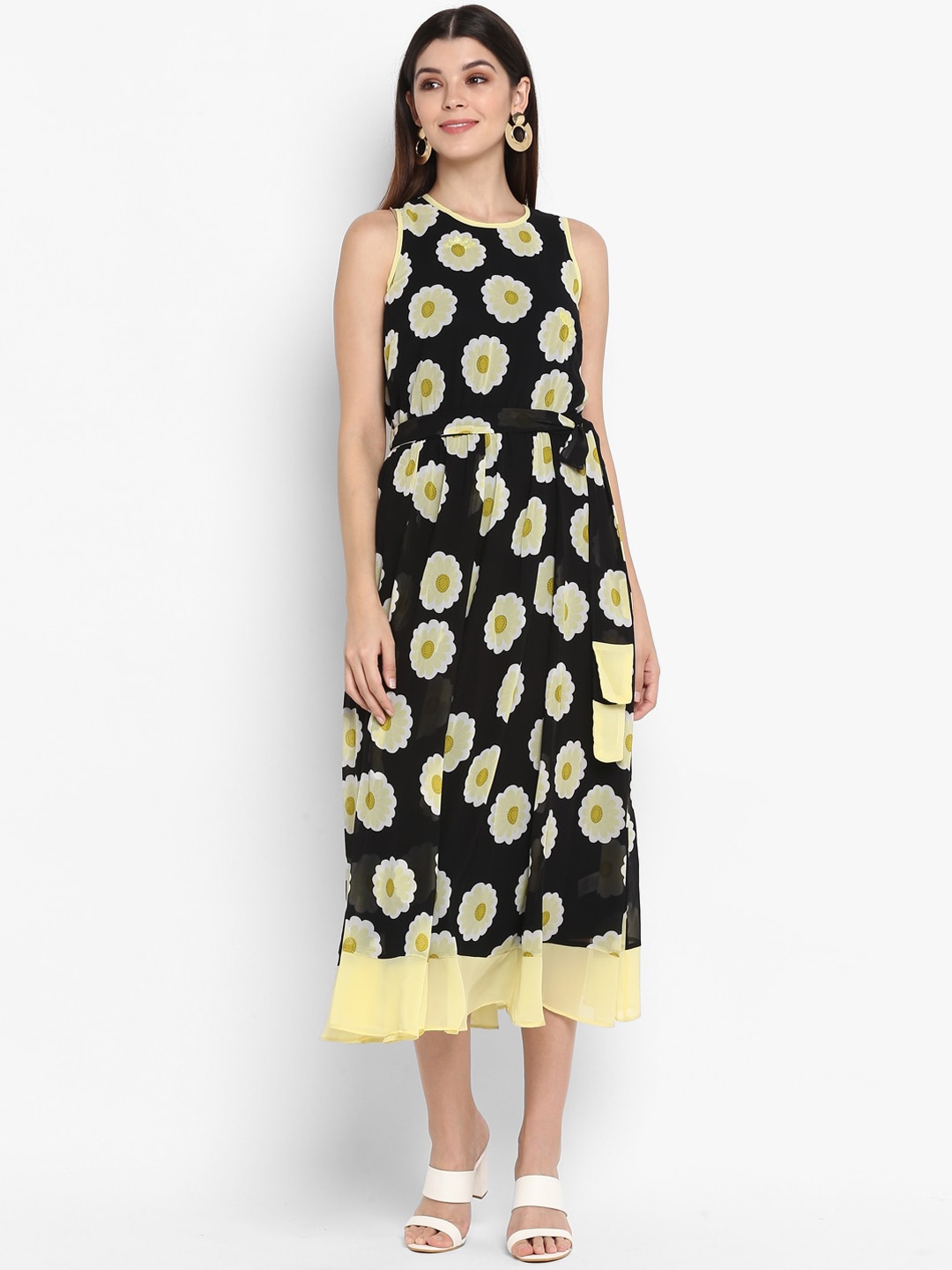 

NIZA Yellow & White Floral Georgette A-Line Midi Dress