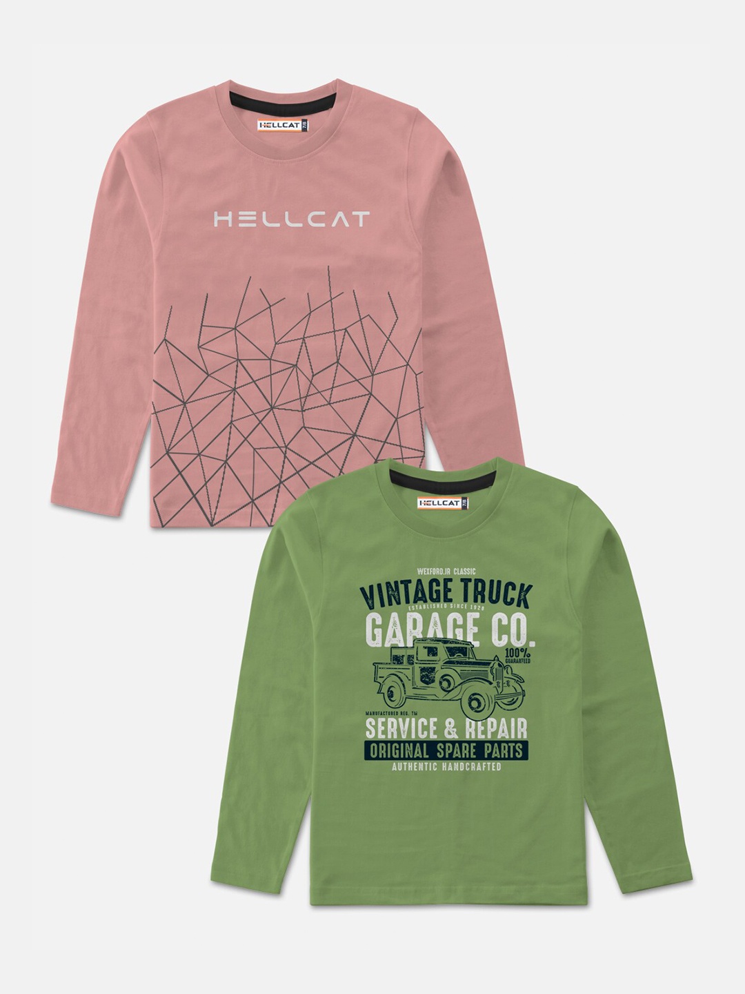 

HELLCAT Boys Pack-2 Green& Pink Typography Printed T-shirt