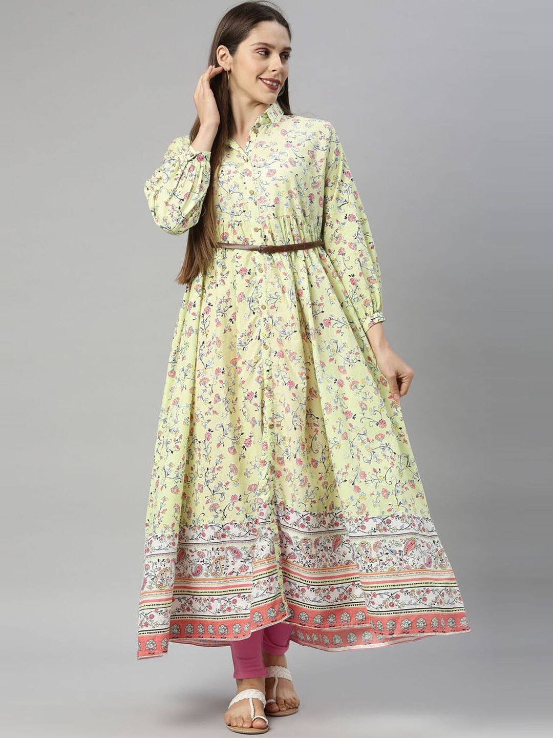 

Neerus Women Yellow & Pink Floral Printed Anarkali Kurta