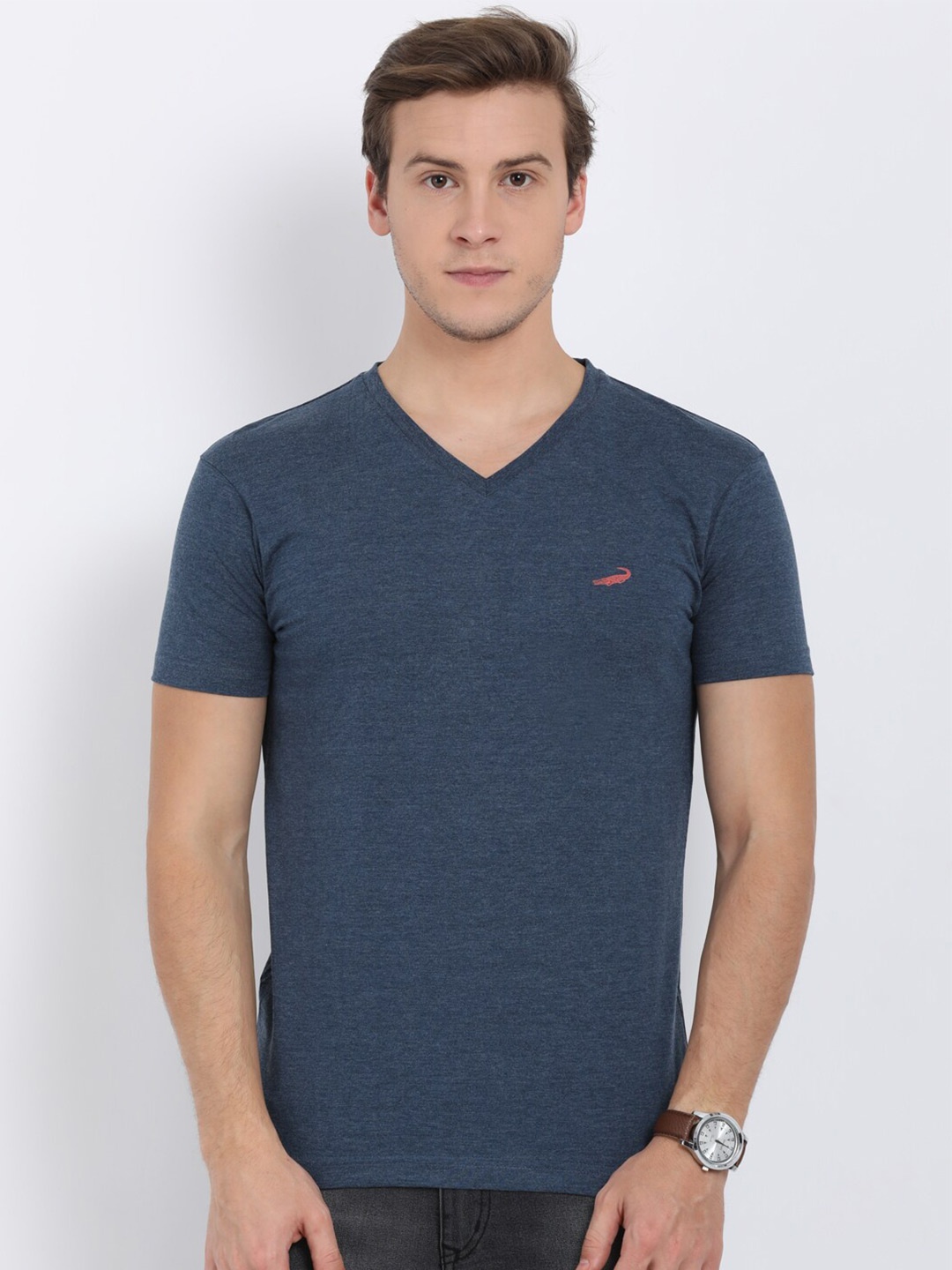 

Crocodile Men Blue Self Designed V-Neck T-shirt