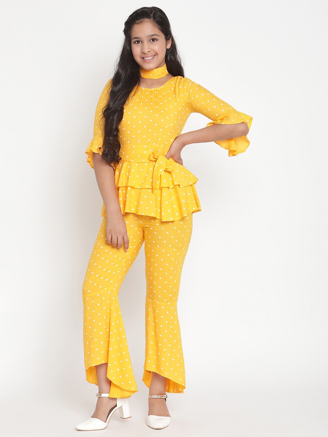

Stuffie Land Girls Yellow Polka Dot Printed Basic Jumpsuit with Ruffles