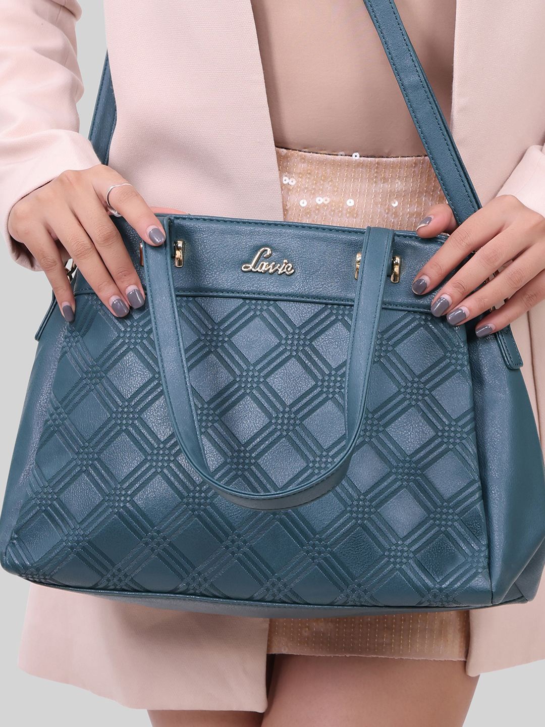 

Lavie Kahlo Women Green Geometric Textured Large 3 Compartment Satchel Handbag