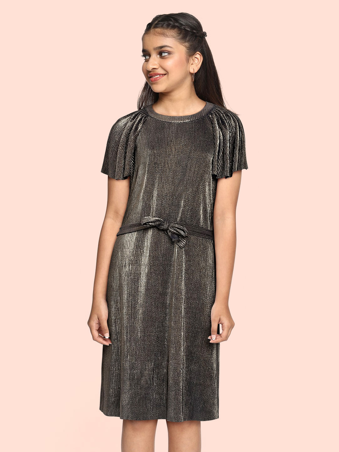 

United Colors of Benetton Girls Gold-Toned & Navy Blue Sheen Accordion Pleated Dress