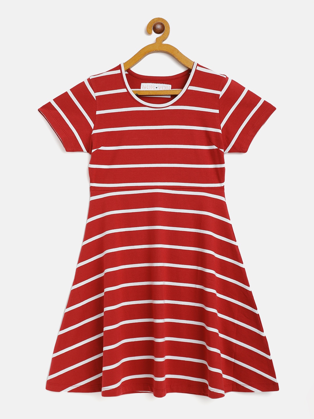 

Noh Voh - SASSAFRAS Kids Girls Red & White Striped Fit and Flare Dress