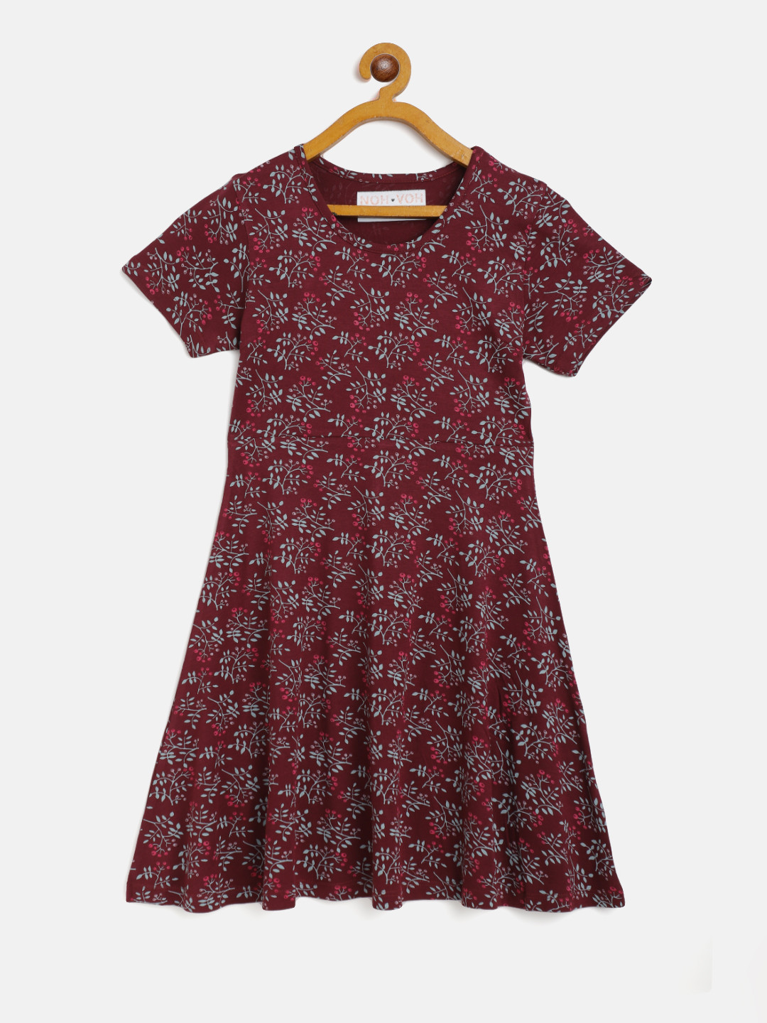 

Noh Voh - SASSAFRAS Kids Girls Burgundy & Grey Floral Print Fit and Flare Dress