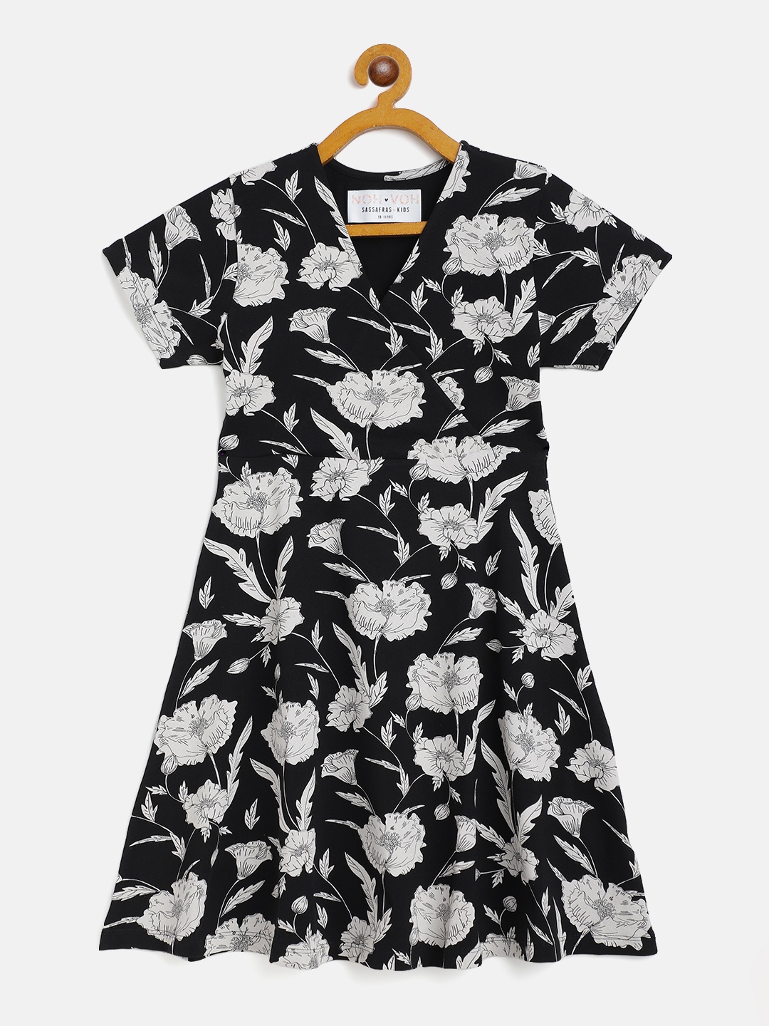 

Noh Voh - SASSAFRAS Kids Girls Black & White Floral Print Wrap Dress