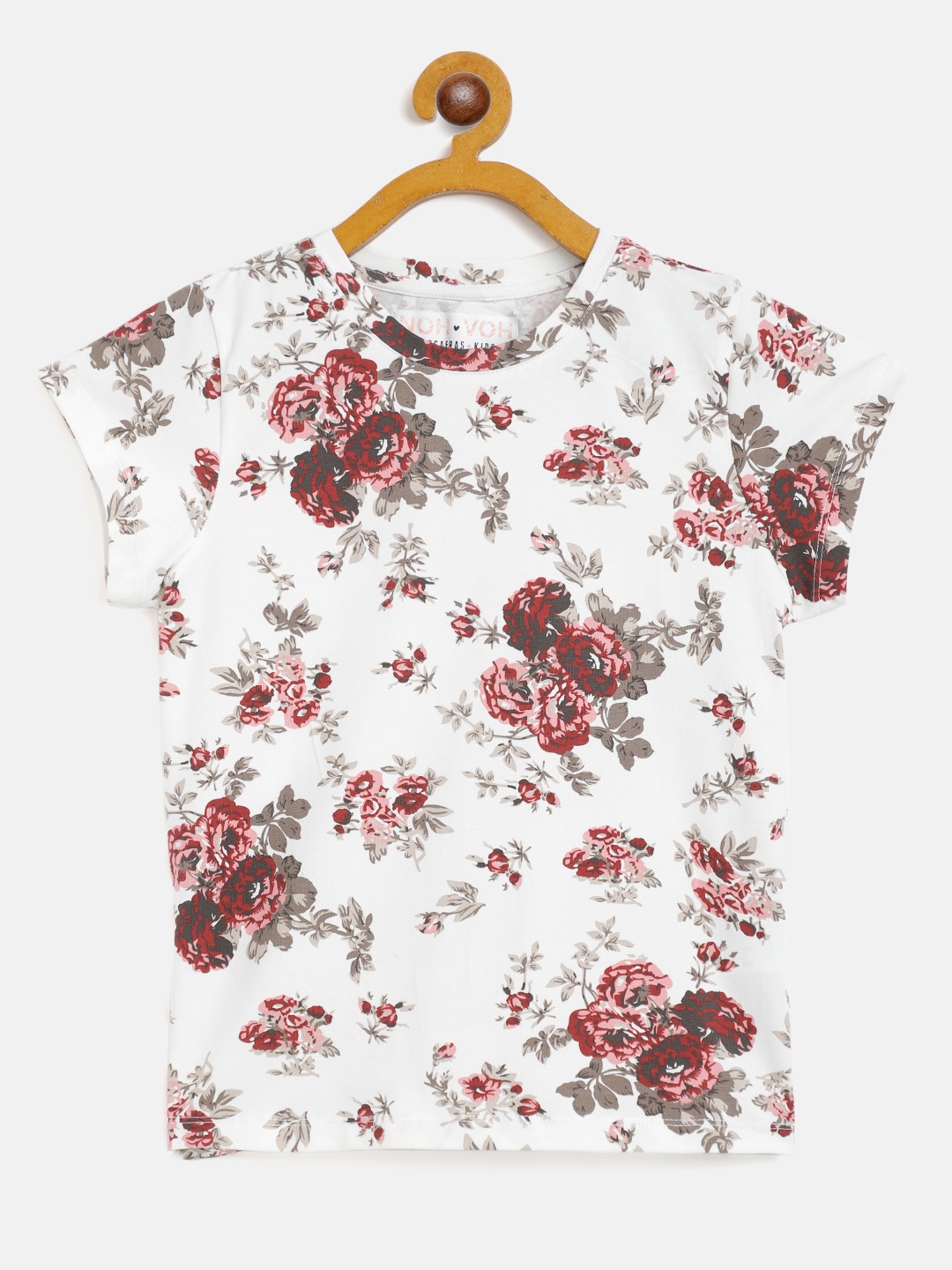 

Noh Voh - SASSAFRAS Kids Girls White & Maroon Floral Print Round Neck T-shirt