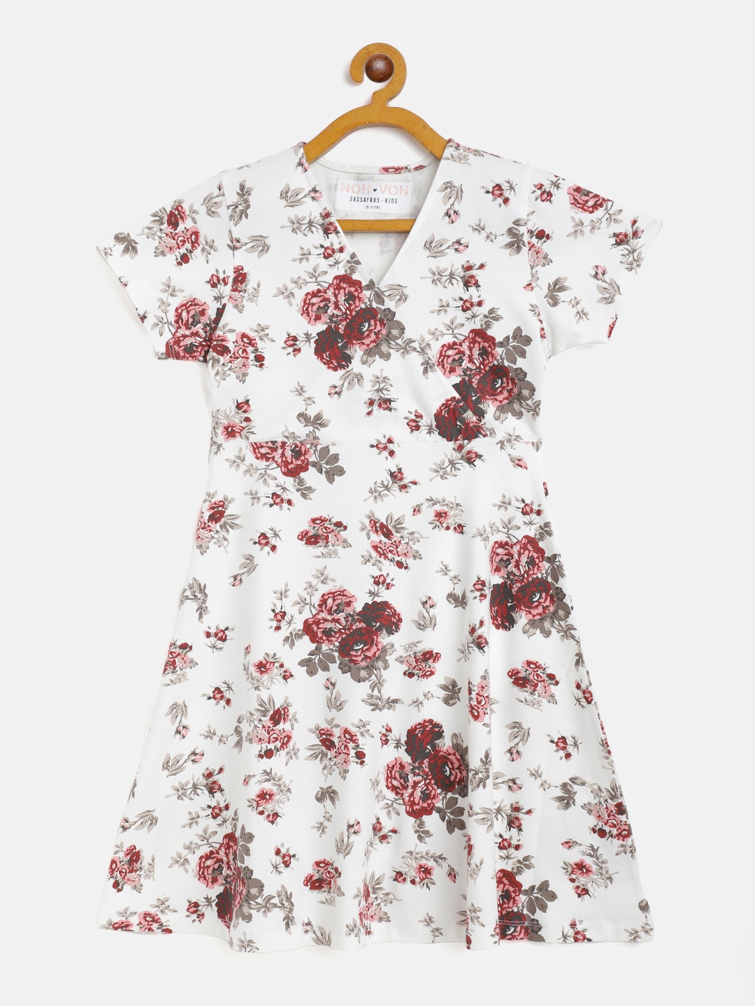 

Noh Voh - SASSAFRAS Kids Girls White & Maroon Floral Print Wrap Dress