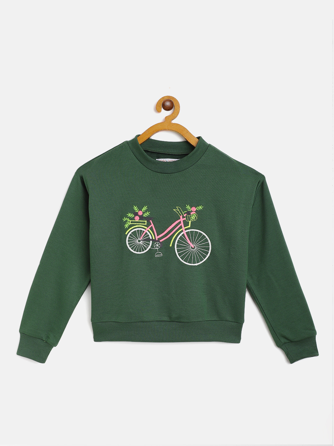 

Noh Voh - SASSAFRAS Kids Girls Green & White Cycle Embroidered Sweatshirt