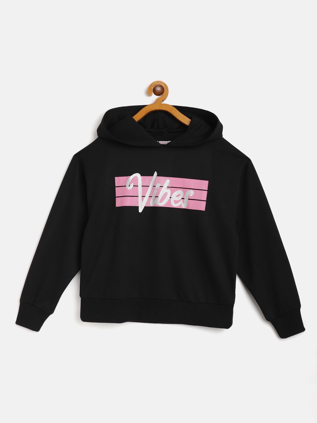 

Noh Voh - SASSAFRAS Kids Girls Black & Pink Printed Hooded Sweatshirt