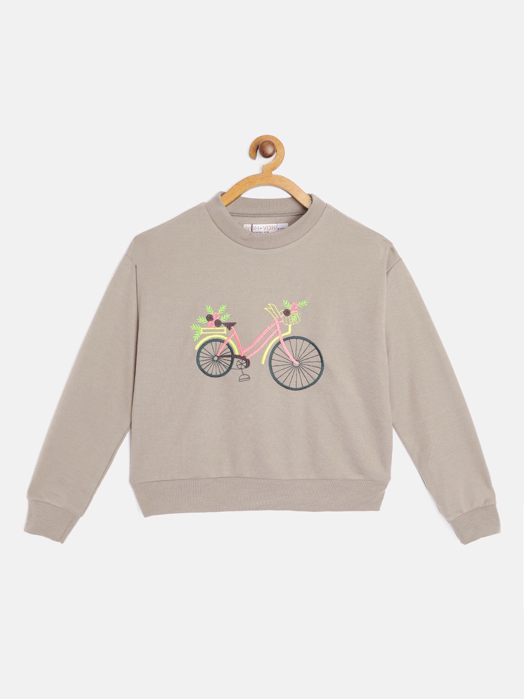 

Noh Voh - SASSAFRAS Kids Girls Taupe & Green Cycle Embroidered Sweatshirt