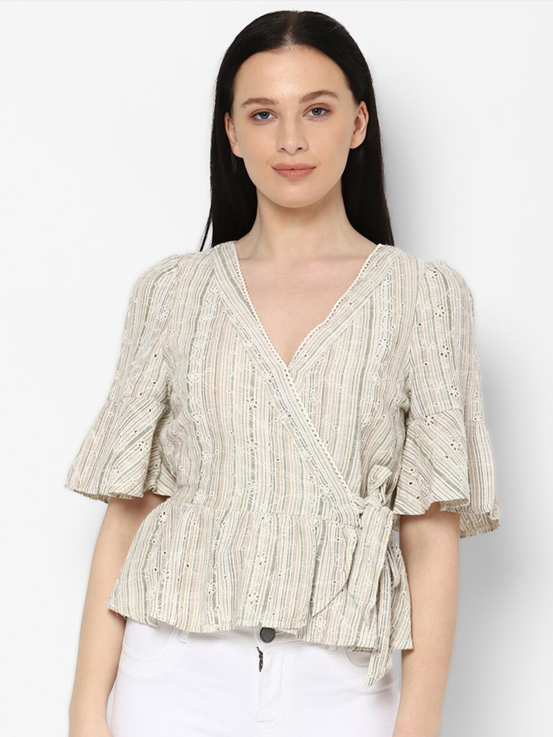 

AMERICAN EAGLE OUTFITTERS Women Green & White Wrap Top