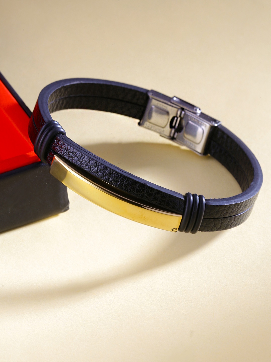 

Yellow Chimes Men Gold-Toned & Black Leather Wraparound Bracelet