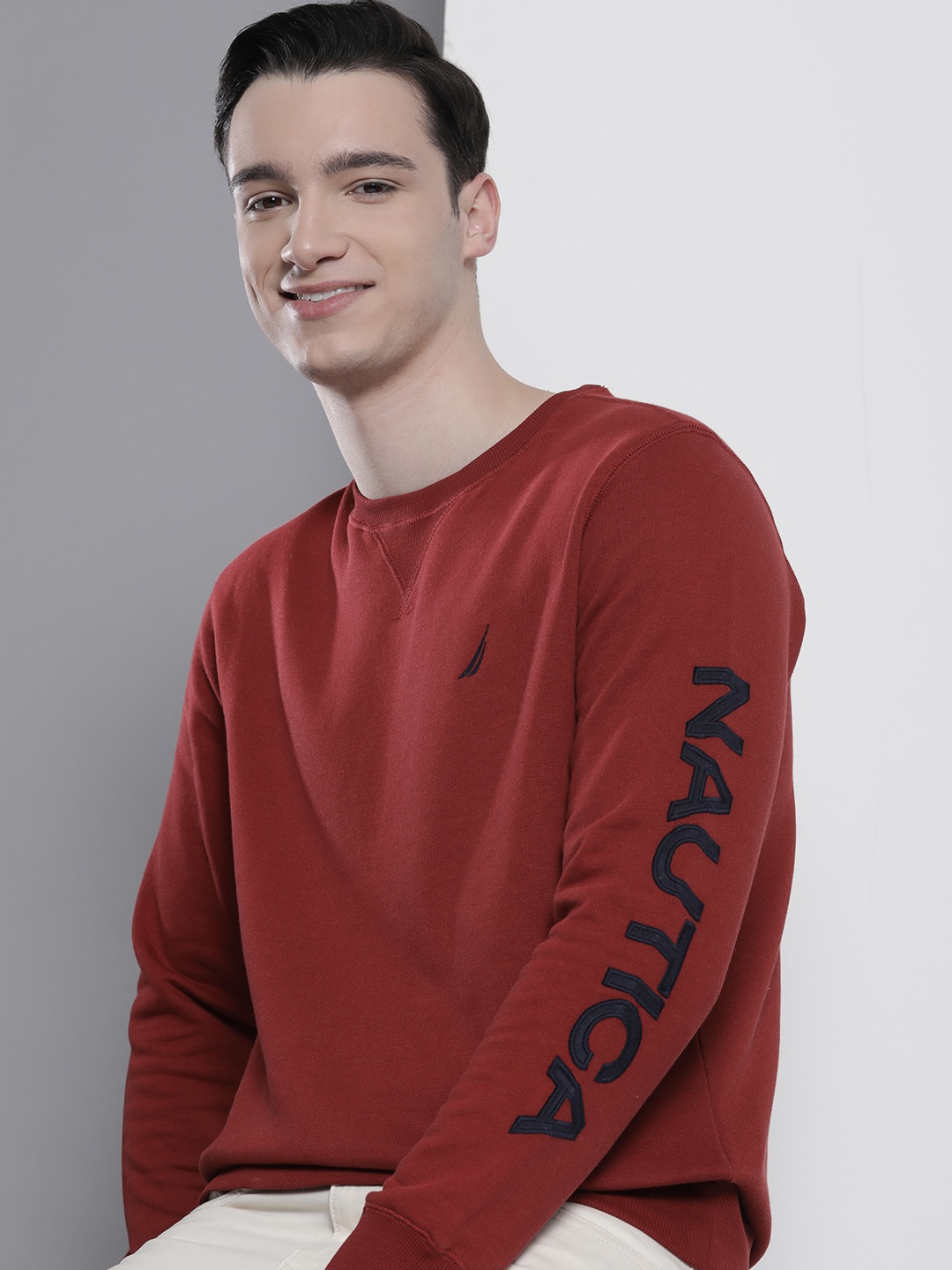 

Nautica Men Round Neck Sweatshirt With Typography Sleeves, Maroon