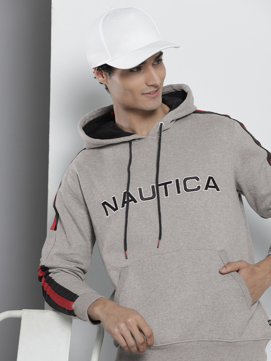 

Nautica Men Brand Logo Printed Hooded Sweatshirt, Grey