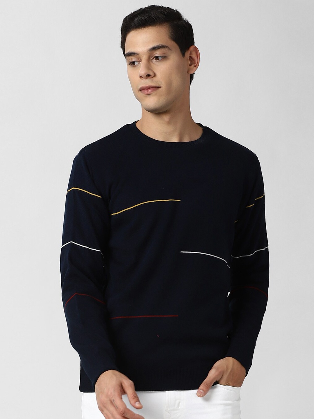 

Peter England Casuals Men Navy Blue Striped Pure Acrylic Pullover Sweater