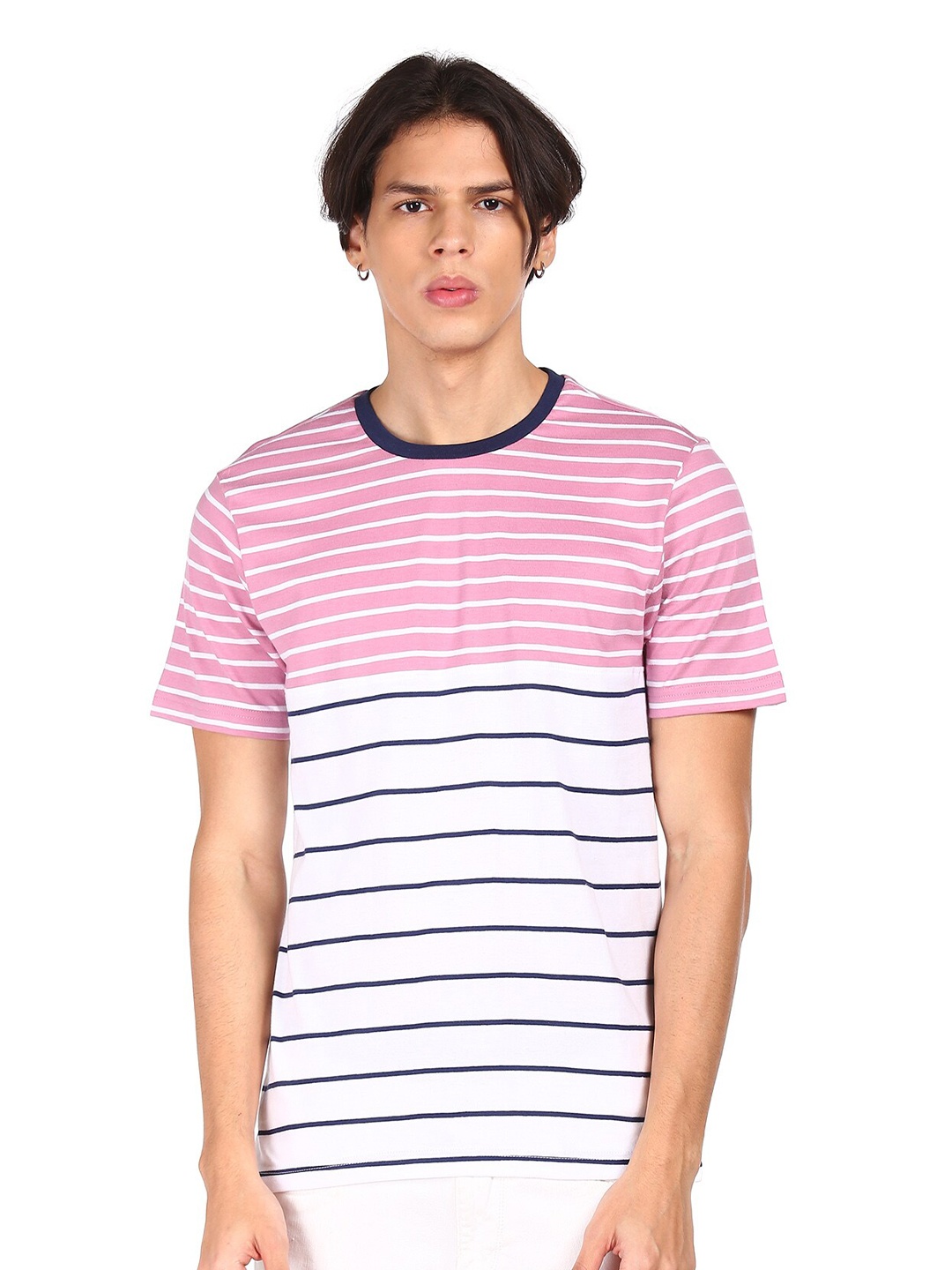 

Cherokee Men White & Pink Striped Cotton T-shirt