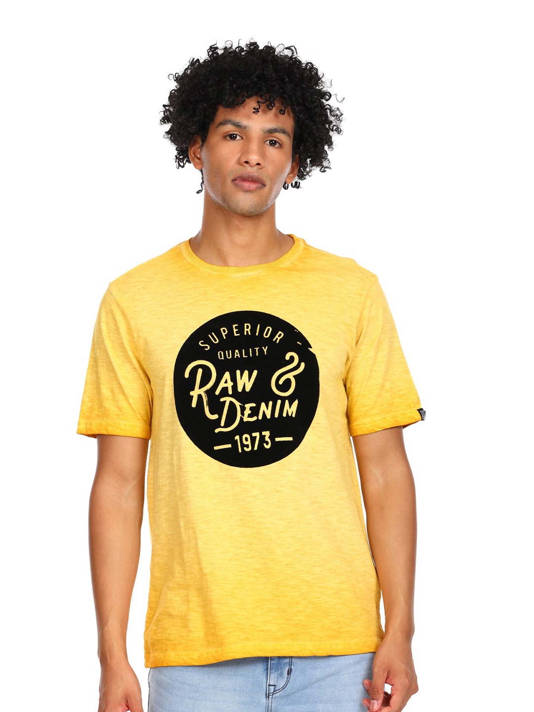 

Cherokee Men Mustard & Black Typography Printed Dyed Cotton T-shirt