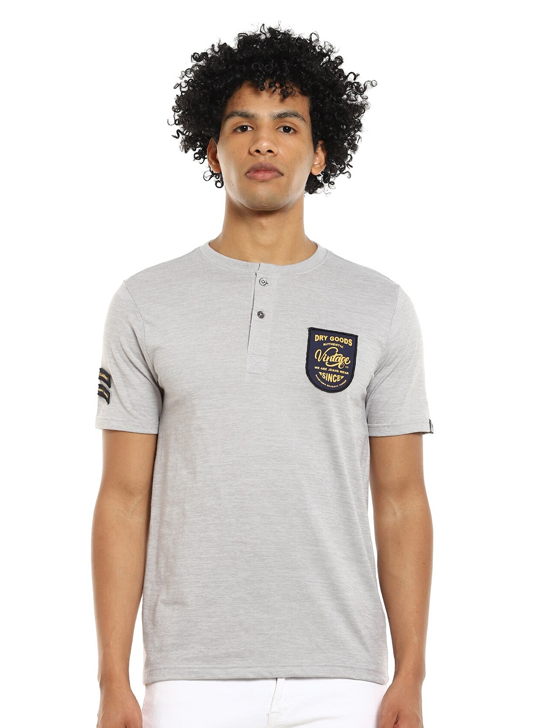 

Cherokee Men Grey Melange Henley Neck Cotton T-shirt