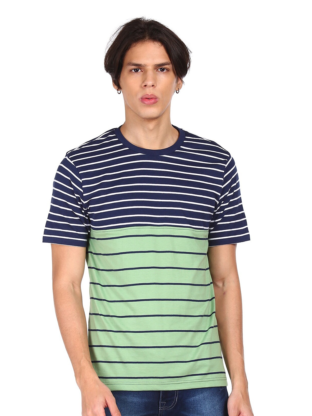 

Cherokee Men Navy Blue & Sea Green Striped Cotton T-shirt