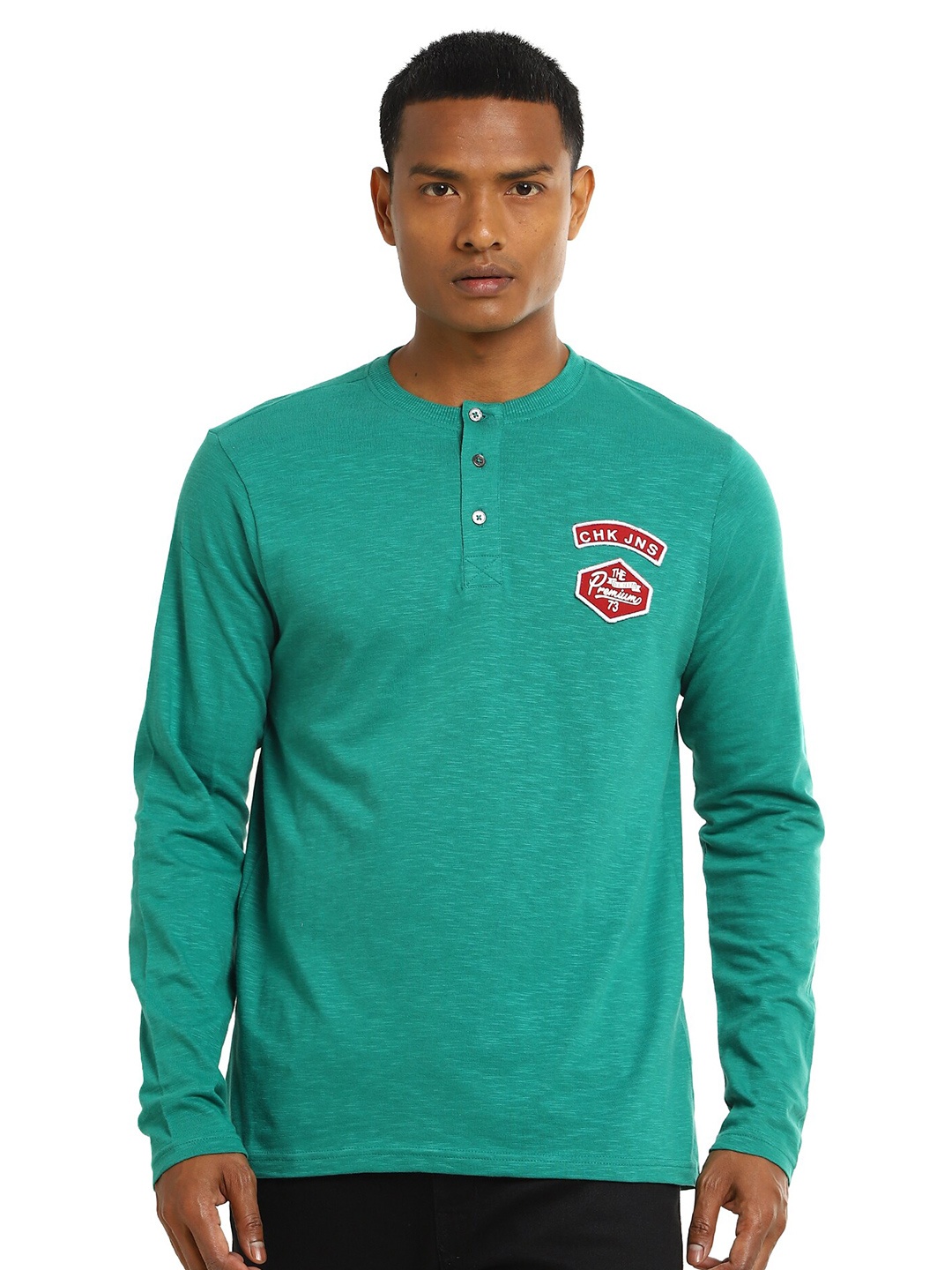 

Cherokee Men Teal Solid Henley Neck Cotton T-shirt