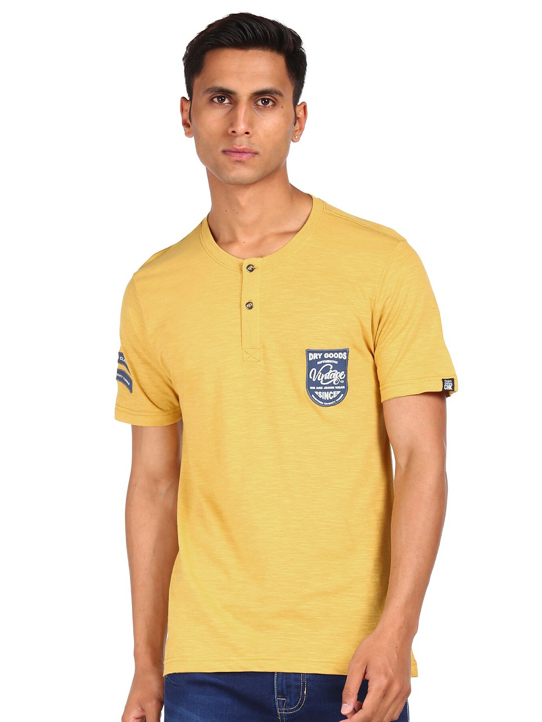 

Cherokee Men Mustard Yellow Henley Neck Solid Cotton T-shirt